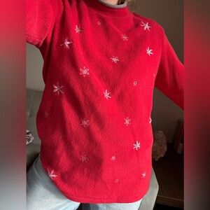 Cozy Red & White Snowflake Fleece Winter Cottage 90s Y2K Trendy Sweater